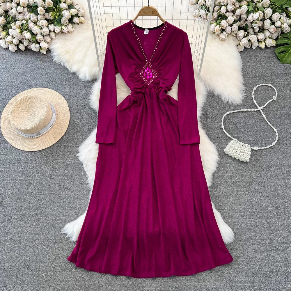 long-sleeved diamond-studded V-neck A-line dress elegant long skirt    S4089