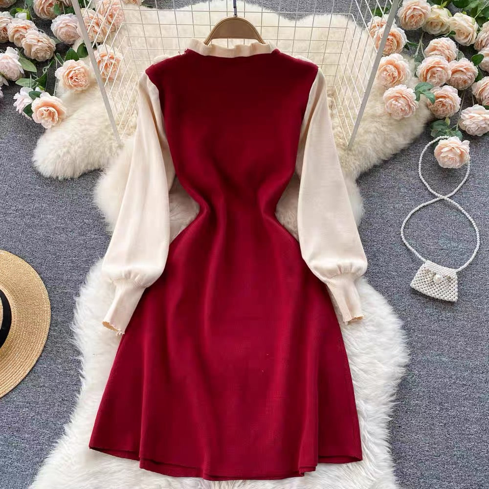 Long Sleeve Dresses, , Color Contrast, Temperament Ruffled Knit Dress     S4480