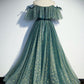 green A line tulle Star tulle long prom dress green formal party dress    S3206