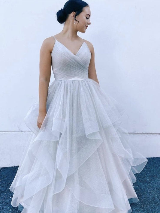 V Neck Fluffy Light Gray Long Prom Dresses, V Neck Light Gray Formal Evening Dresses, Light Gray Ball Gown     S3254