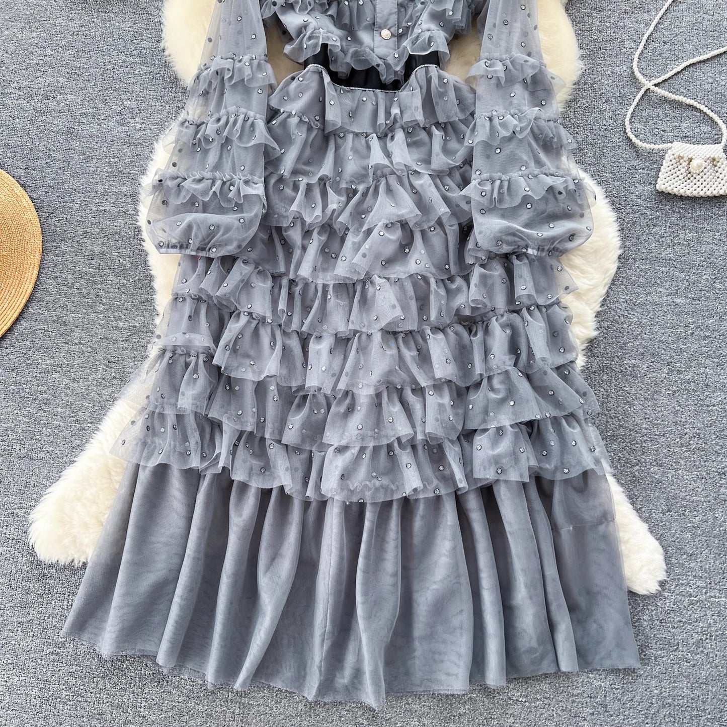 round neck bow diamond mesh dress for women sweet princess cake long dress    S4638