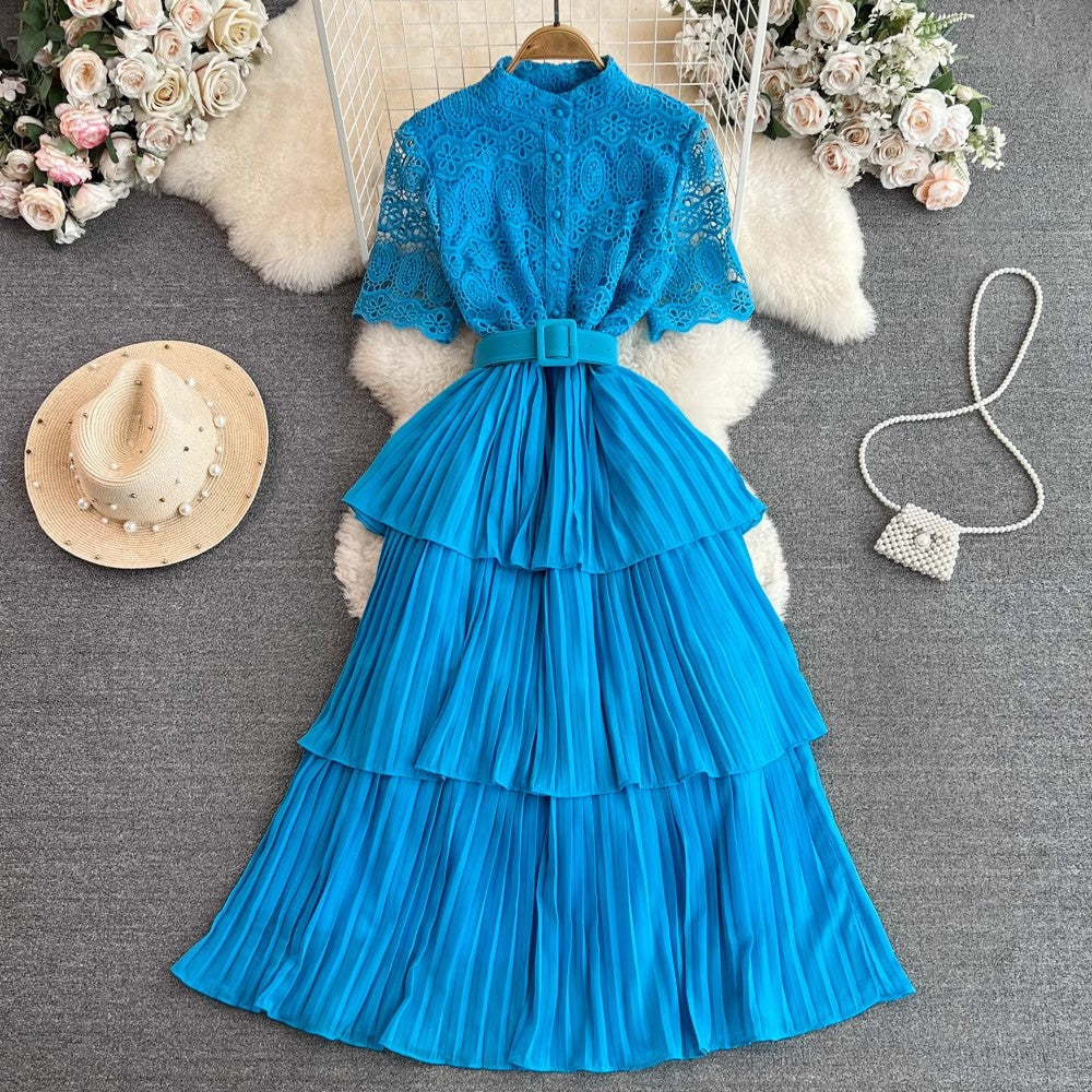 short-sleeved lace A-line pleated dress     S3963