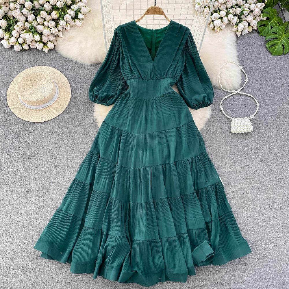 Puff short-sleeved V-neck A-line chiffon dress Elegant long skirt      S4285