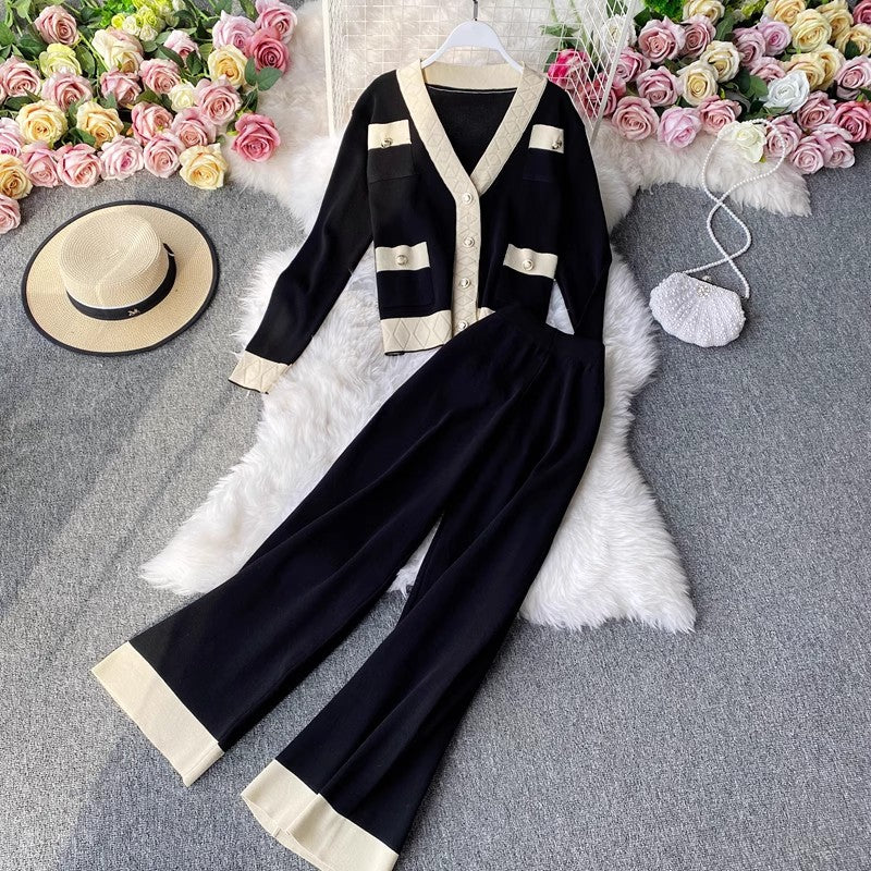 Knitted suit for women casual V-neck cardigan sweater casual leg trousers two-piece set       S4169