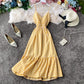 beach dress vacation dress, ruffled sleeveless long skirt V-neck suspender plaid dress     S4244