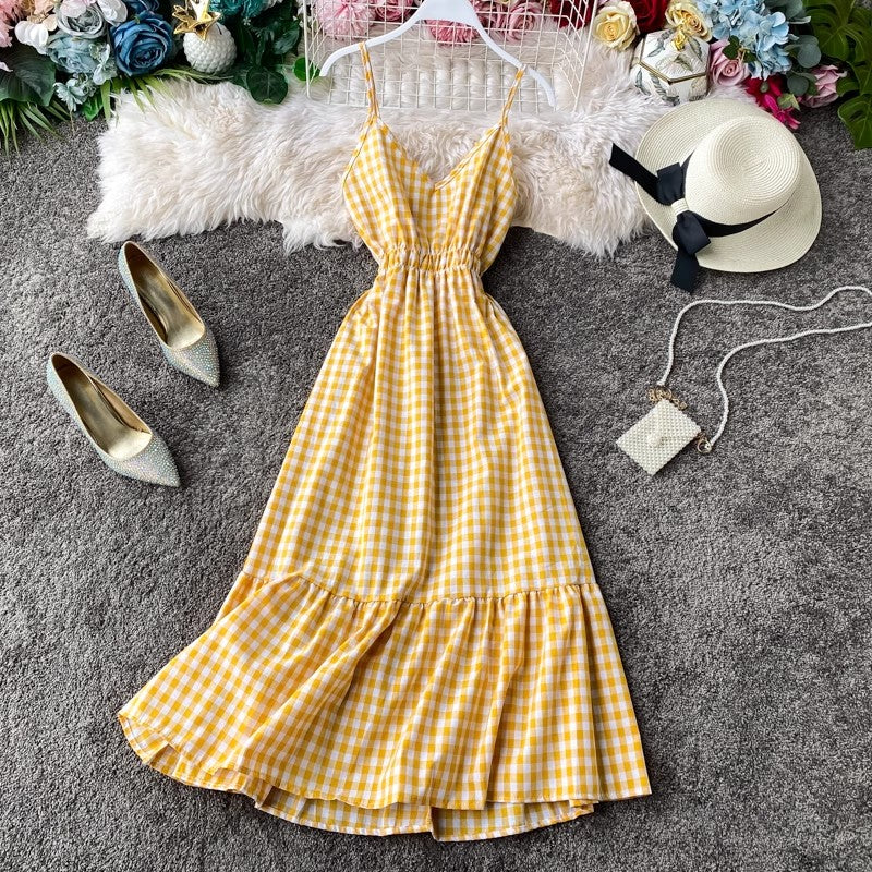 beach dress vacation dress, ruffled sleeveless long skirt V-neck suspender plaid dress     S4244