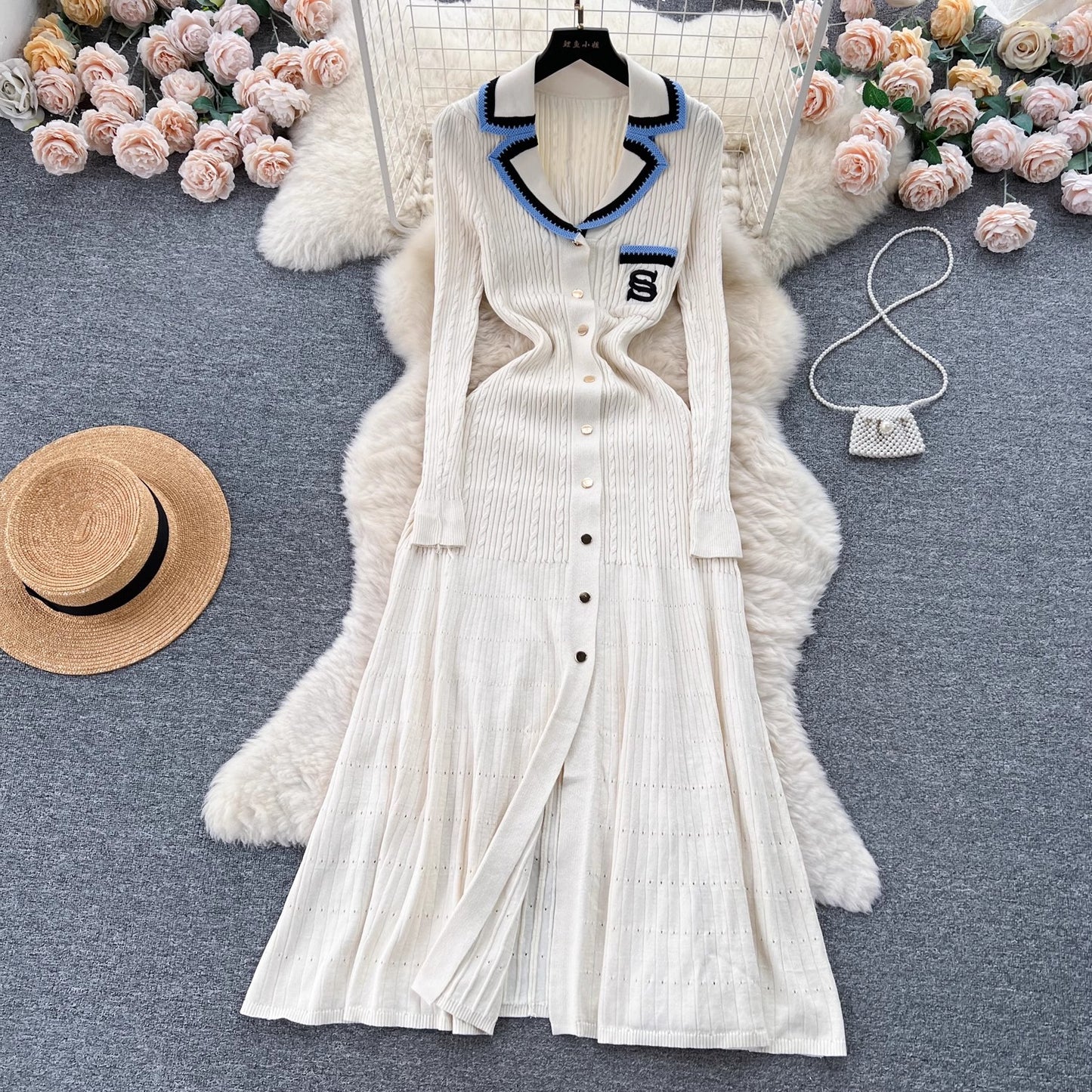 knitted dress women embroidered sweater long skirt     S4519