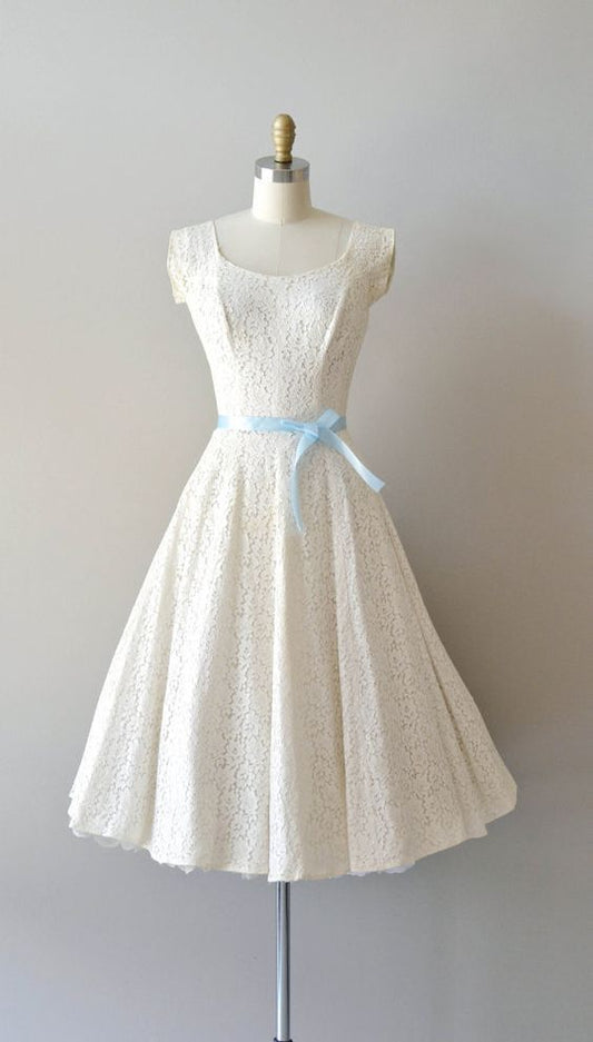 1950s Vintage Ball Gown Beach Wedding Dresses Scoop Lace Mini Short Brdial Gowns      S2657