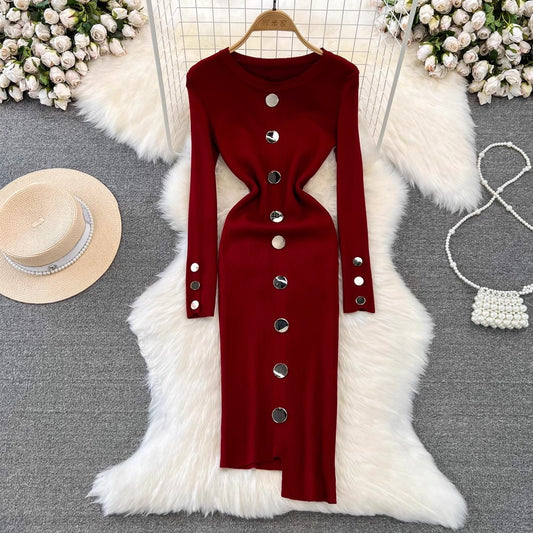 long-sleeved round neck mid-length irregular knitted dress      S4335