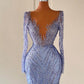 Floor Length V-Neck Long Sleeves Mermaid Satin Prom Dress with Beads       S3755