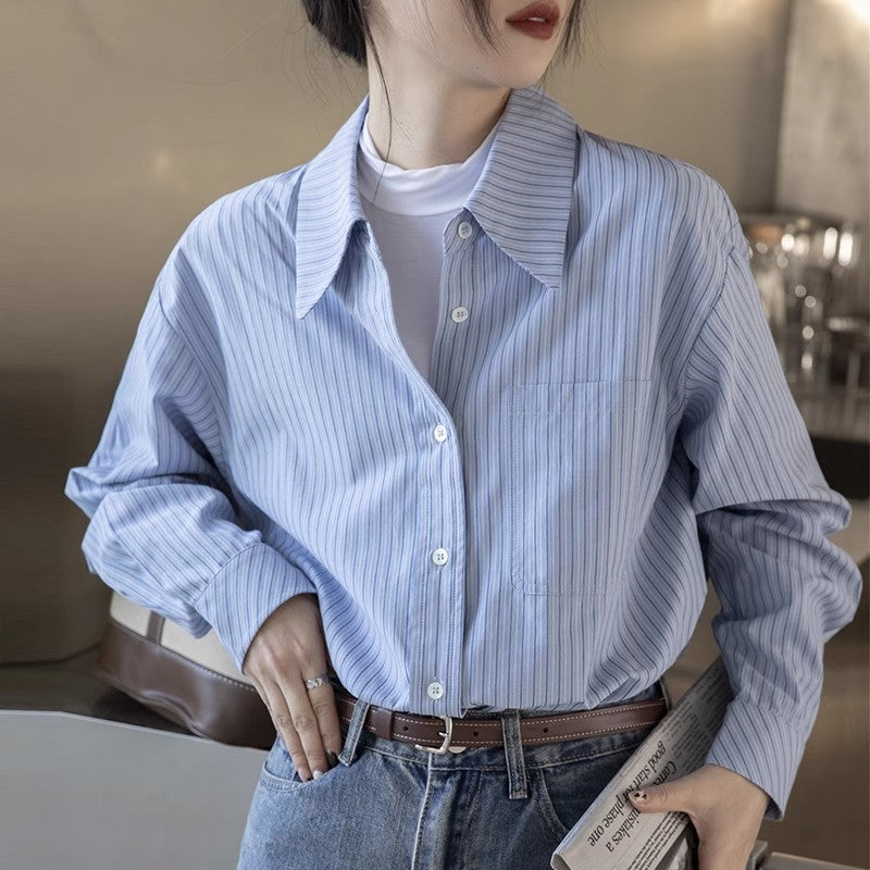 Blue striped shirt women's new design long-sleeved shirt     S3424