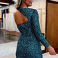 Ink Blue Asymmetrical Sequins Long Sleeve Homecoming Dress       S3087