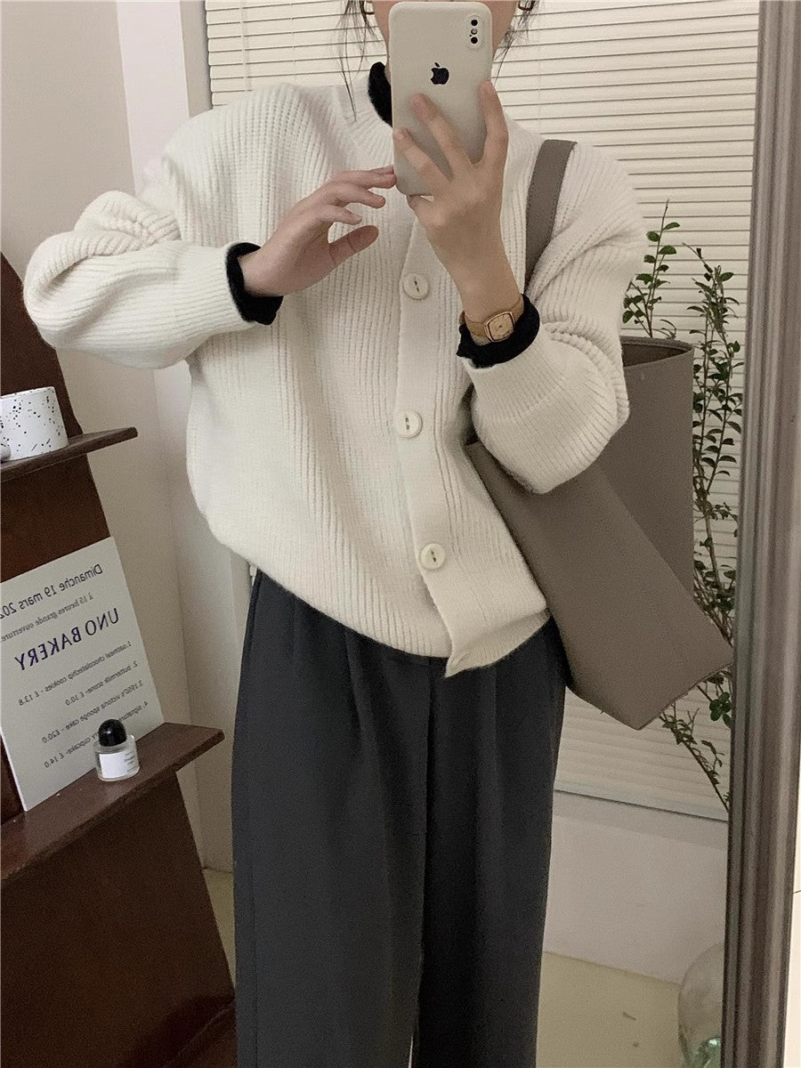 round neck solid color knitted cardigan for women autumn retro soft waxy loose warm sweater jacket      S3378