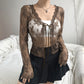 Women Sexy See Through Long Sleeve Lace Mesh Vintage Tie Up Floral Crop Tops Cardigans    S2509