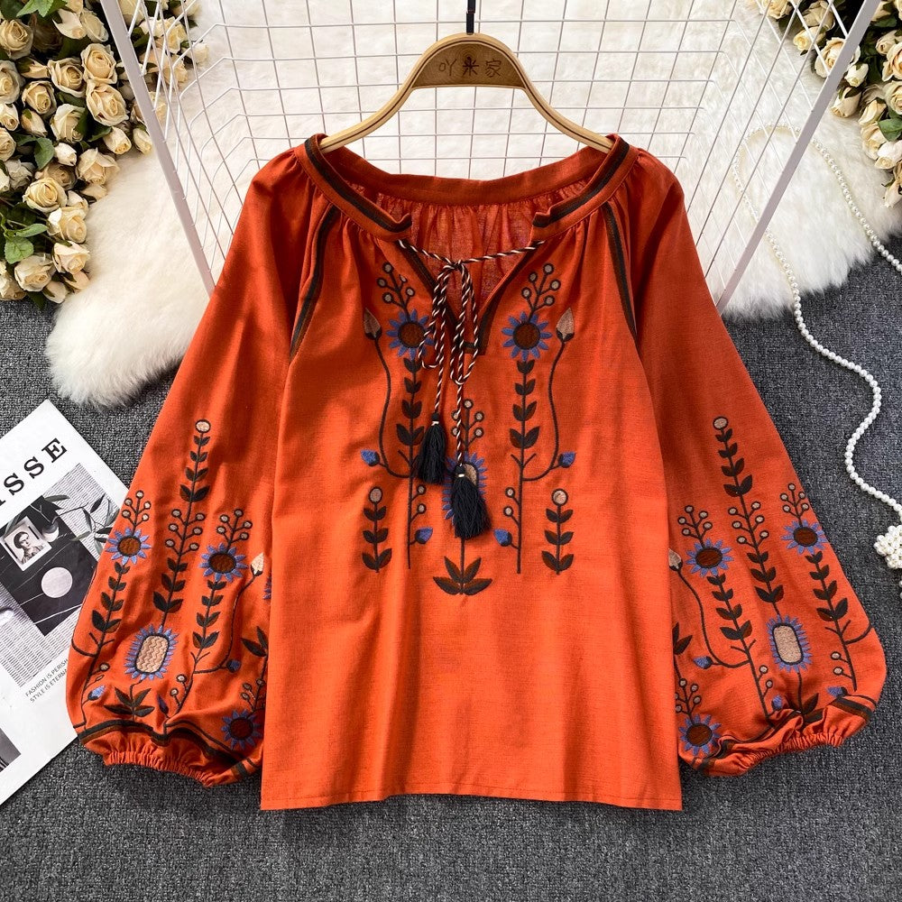 embroidered round neck shirt women's casual top       S3965