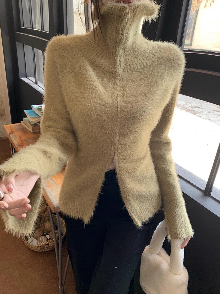 Simple and stylish double zipper sweater long-sleeved sweater jacket     S4784