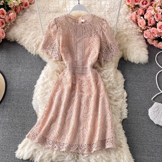 new women's fashion dress round neck short-sleeved lace skirt    S3893