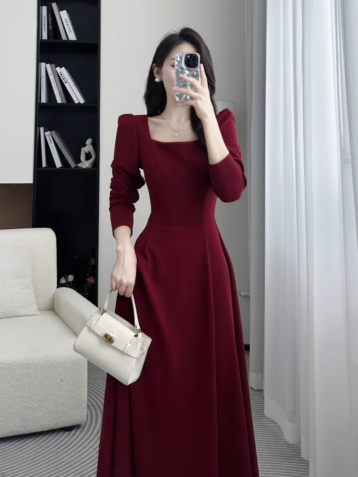 Red Dress Women's 2023 Square Neck Mid-Long  Skirt    S3467