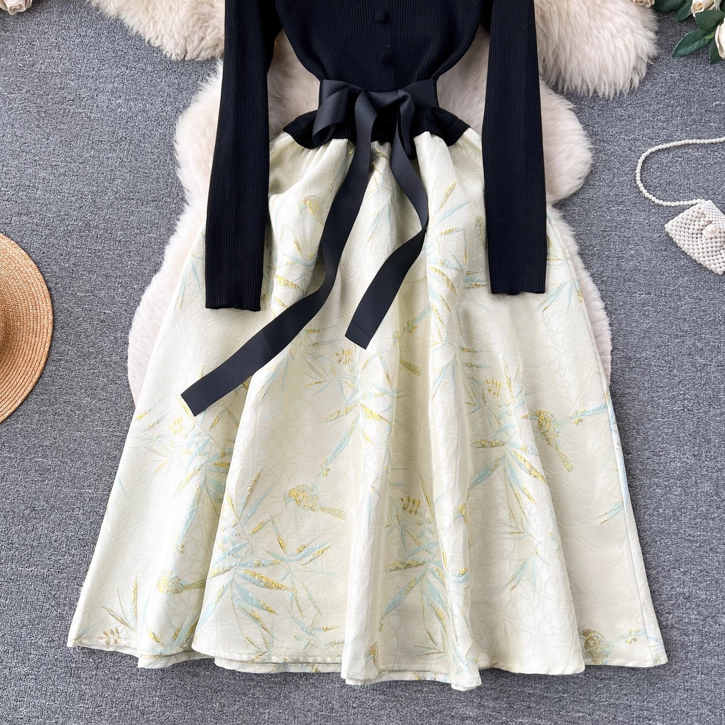 French style luxury dress for women knitted splicing jacquard fluffy dress  S4510