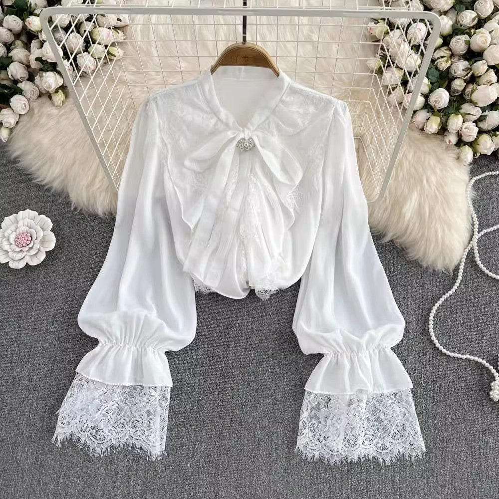 Lace Bell Sleeves Bow Tie Shirt Women's Fashionable Top     S4088