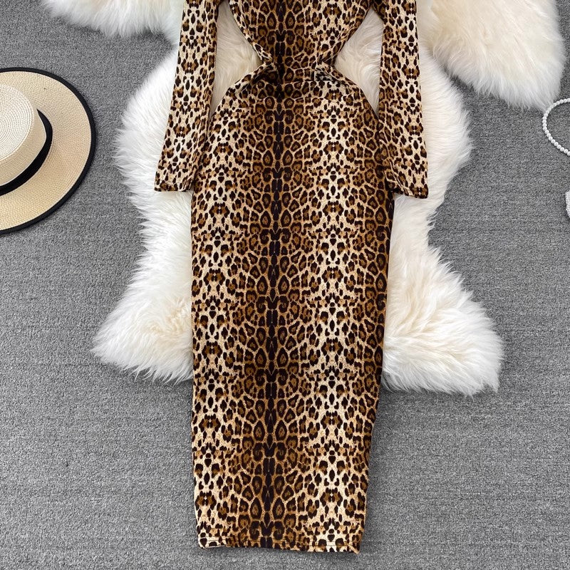 sexy leopard print for women long-sleeved long skirt     S3888