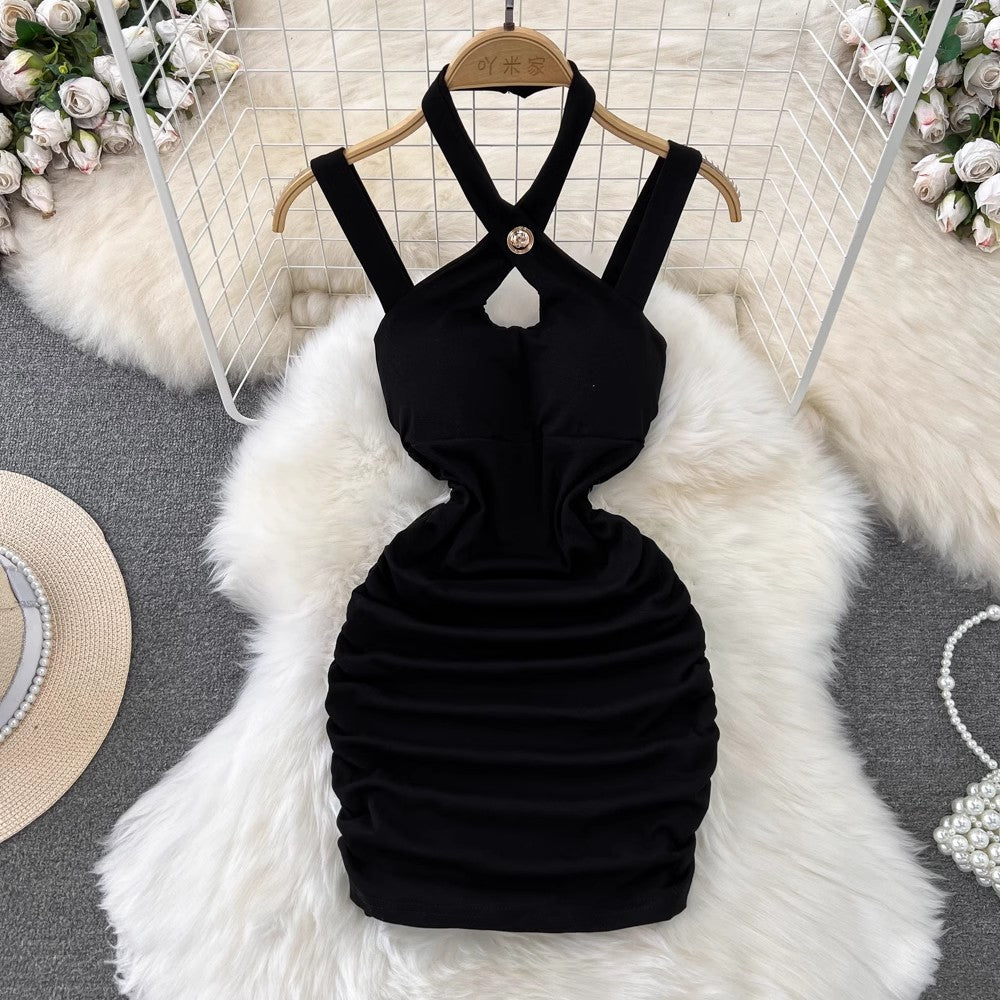 halter neck suspender dress for women sexy pleated dress       S4345