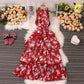 Seaside vacation beach dress, bohemian long skirt, summer new sleeveless lace floral cake skirt     S5042
