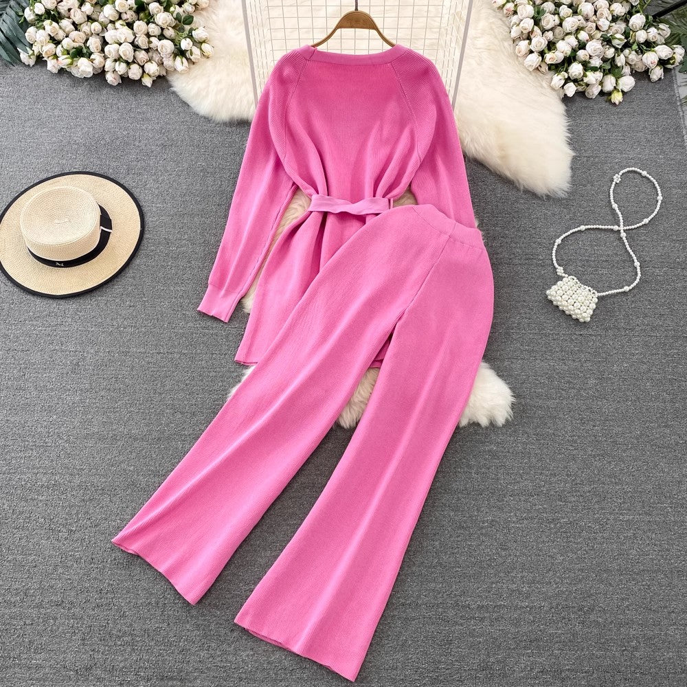 Fashion set V-neck knitted top two-piece set pants    S4195