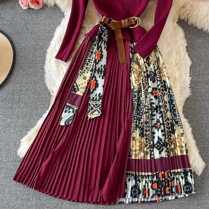 Print Skirt Knitted Sweater Pleated Dress       S3944