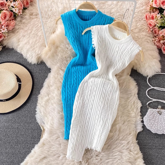 Irregular Sleeveless Vest Knitted Dress Round Neck  Sweater Skirt Women      S4302