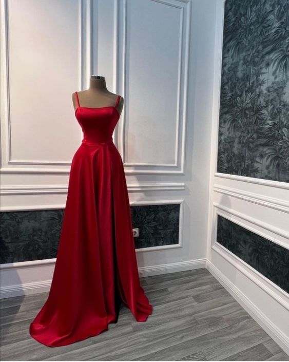 Long Prom Dresses A Line Red Satin Formal Evening Dresses      S4055