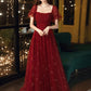 Burgundy A line tulle sequin long prom dress, burgundy tulle formal dress     S2555
