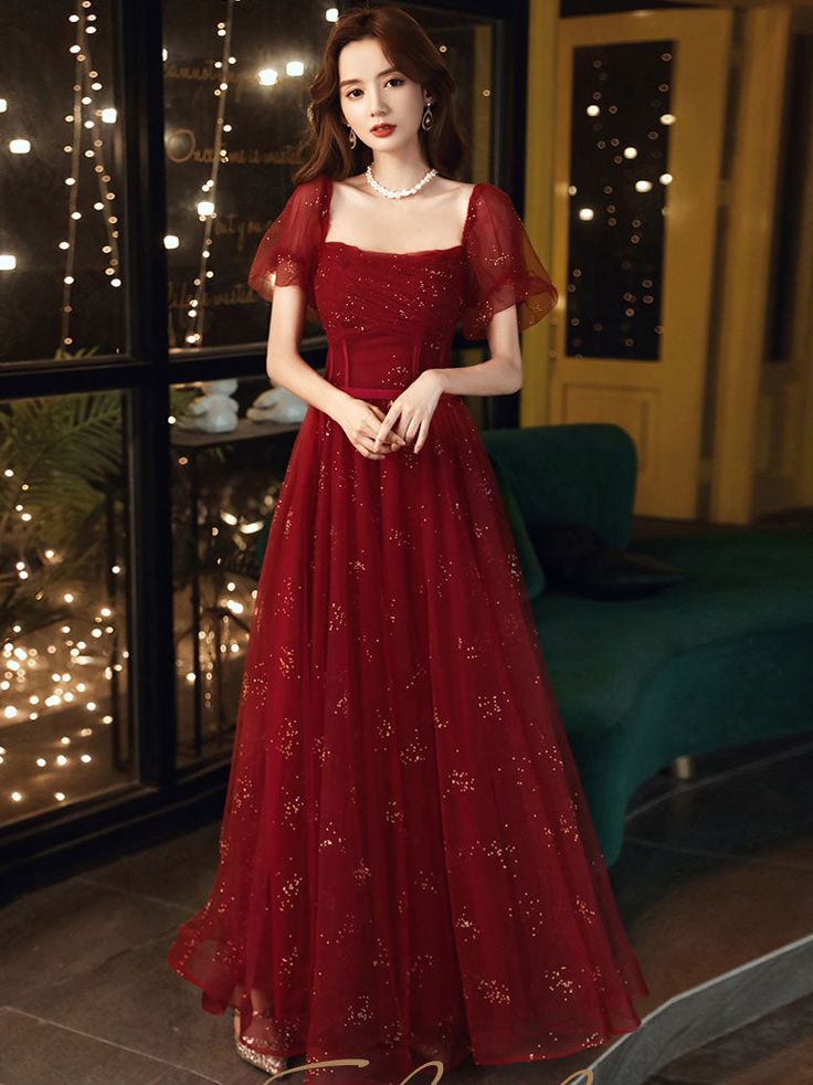 Burgundy A line tulle sequin long prom dress, burgundy tulle formal dress     S2555