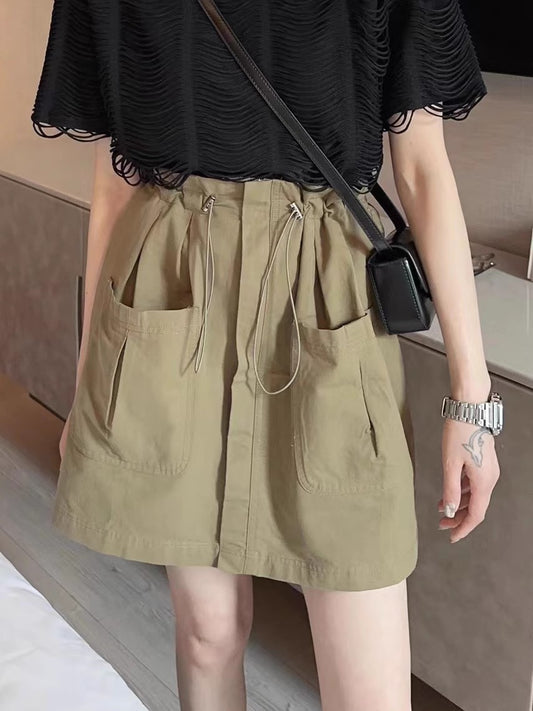 Women's Summer New Drawstring Elastic High Waist Big Pocket Skirt     S3414