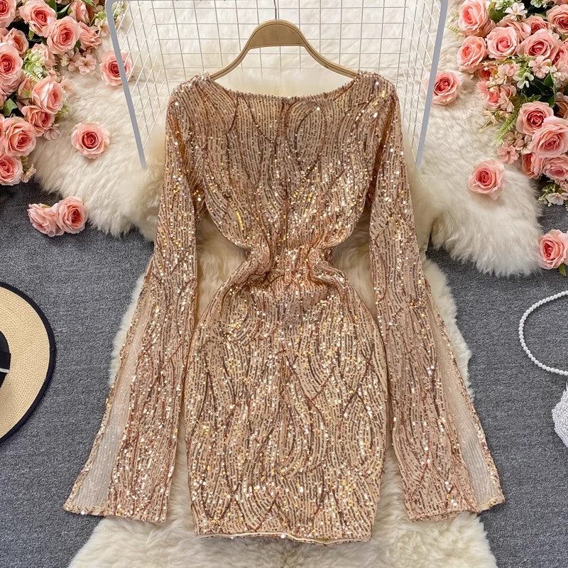 sexy sequined V-neck long-sleeved short dress    S4008