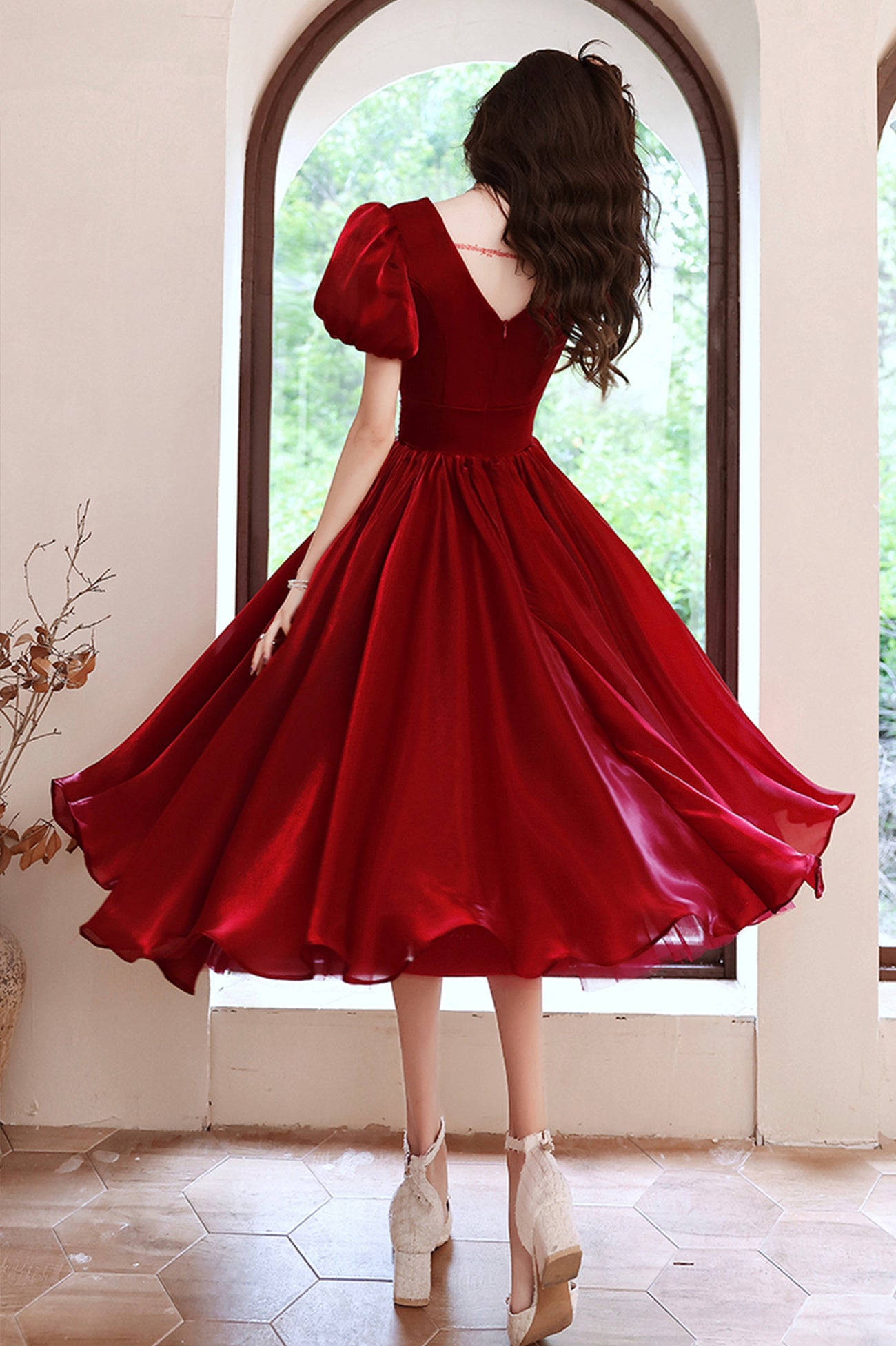 RED V NECK SHORT PROM DRESS A LINE HOMEOCMING DRESS    S2727