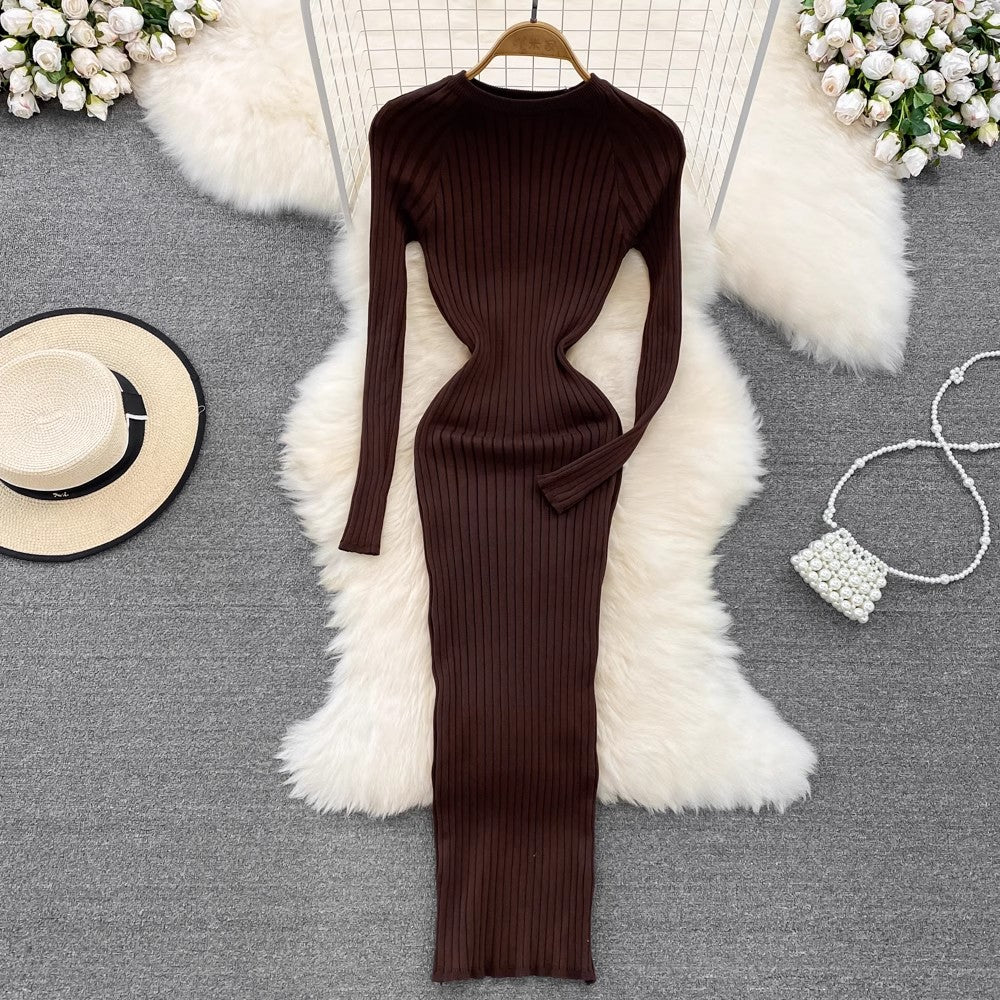 long-sleeved round neck  knitted dress sweater skirt     S4197