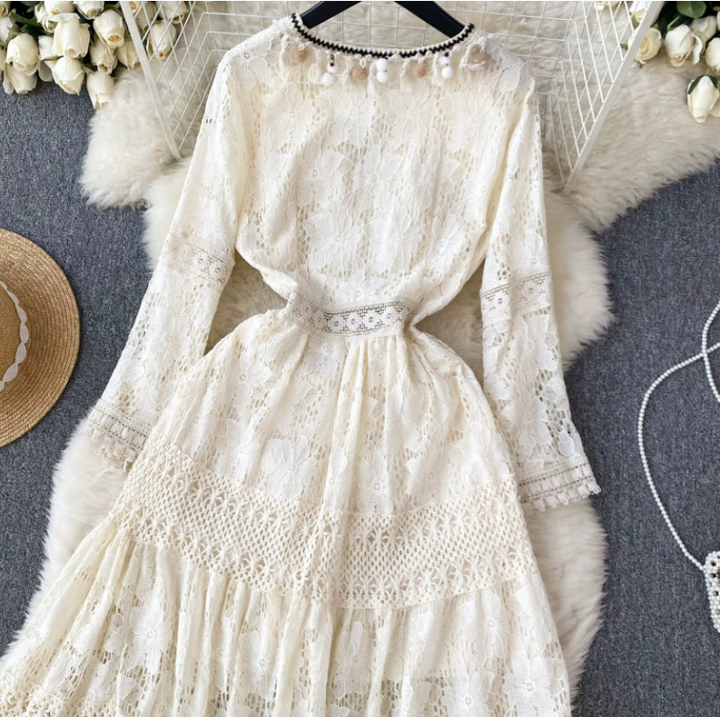 High-grade Party Dress, Hook Flower V-neck Dress ，fringe Fairy Dress, Long-sleeved Dress, Lace Dress      S4476