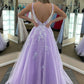 Lilac Tulle A-line V Neckline Backless Applique Long Prom Dress        S3817