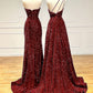 Unique Velvet Sequin Mermaid Burgundy Long Prom Dress, Burgundy Formal Evening Dress     S3572