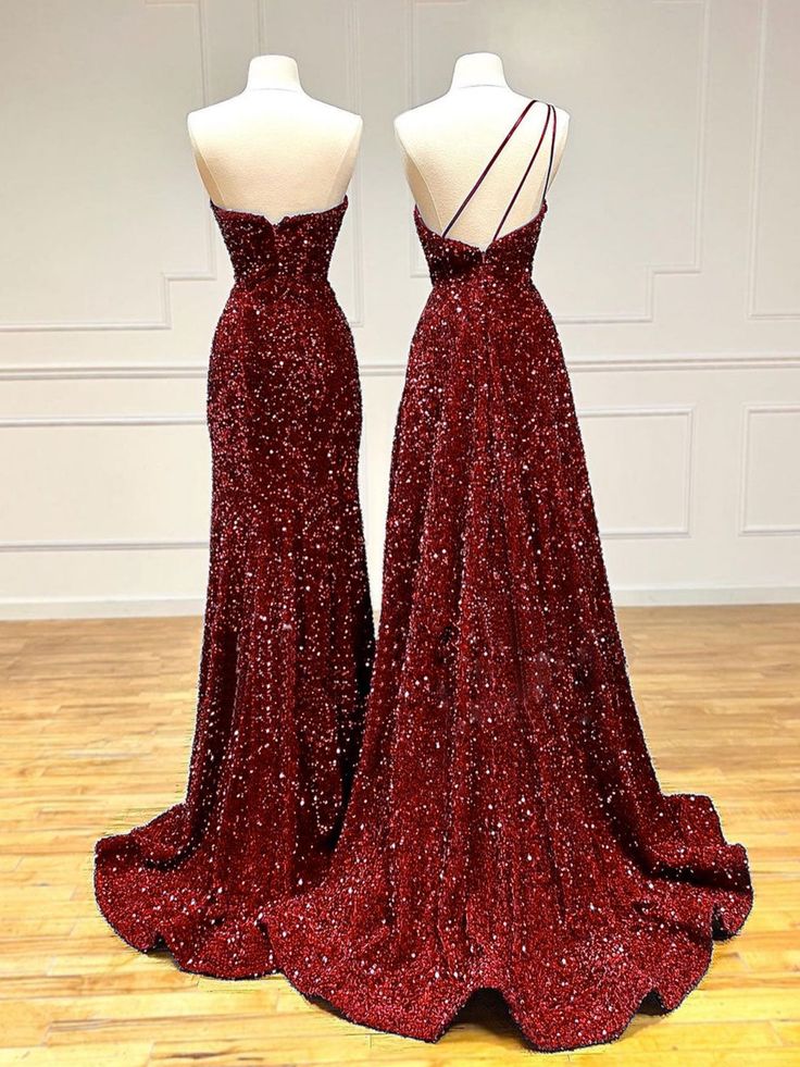 Unique Velvet Sequin Mermaid Burgundy Long Prom Dress, Burgundy Formal Evening Dress     S3572