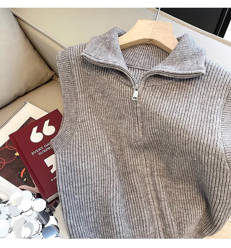 Retro stand-up collar knitted vest for women new design simple zipper sweater vest trendy      S5006