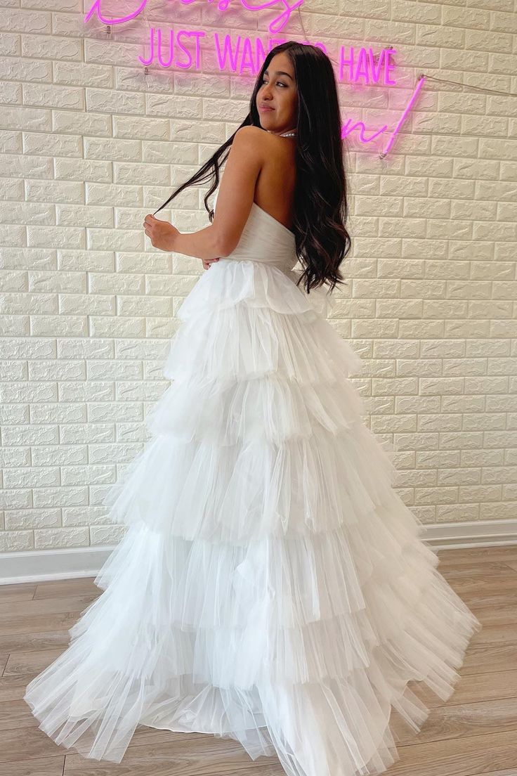 A-line Strapless Pleated Multi-Layers Tulle Long Prom Dress     S3226