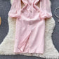 mid-length slit V-neck lantern sleeve dress    S4537