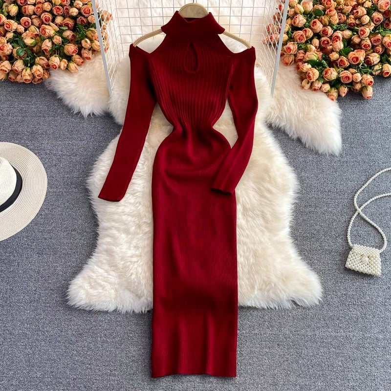 knitted stretch dress women's new strapless sweater dress fashionable long skirt    S4041