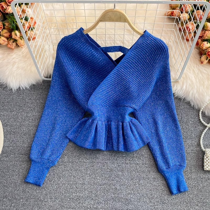 new ruffled short sweater women's V-neck pullover sweater top      S4246