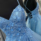 Blue Floral Appliques Lace-Up Tiered A-Line Prom Dress      S2611