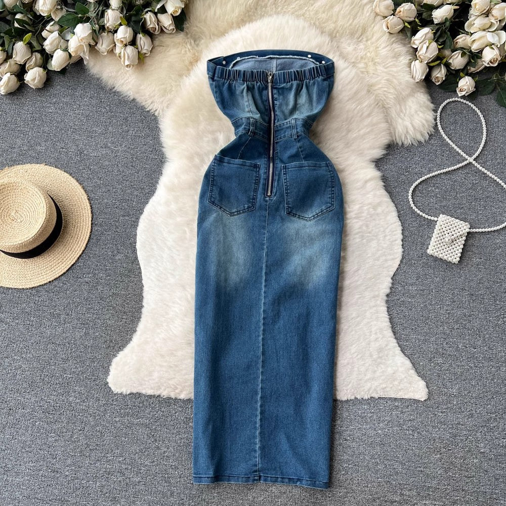 denim dress for women sexy slit retro style skirt trendy     S4566