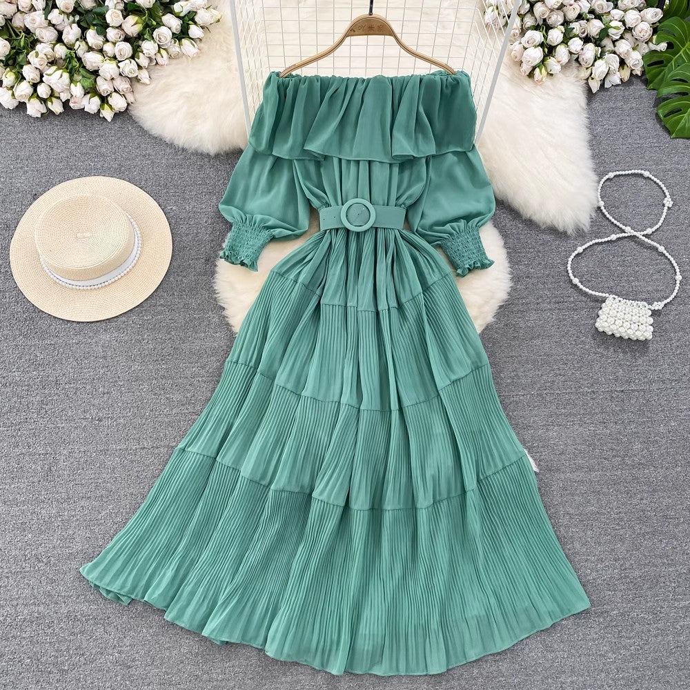 off-shoulder ruffled A-line pleated dress elegant long skirt    S4426