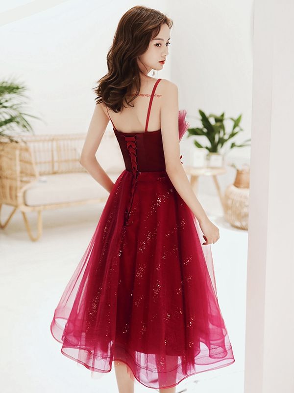 Burgundy Lace Sequins Short Prom Dress Homecoming Dress    S3247